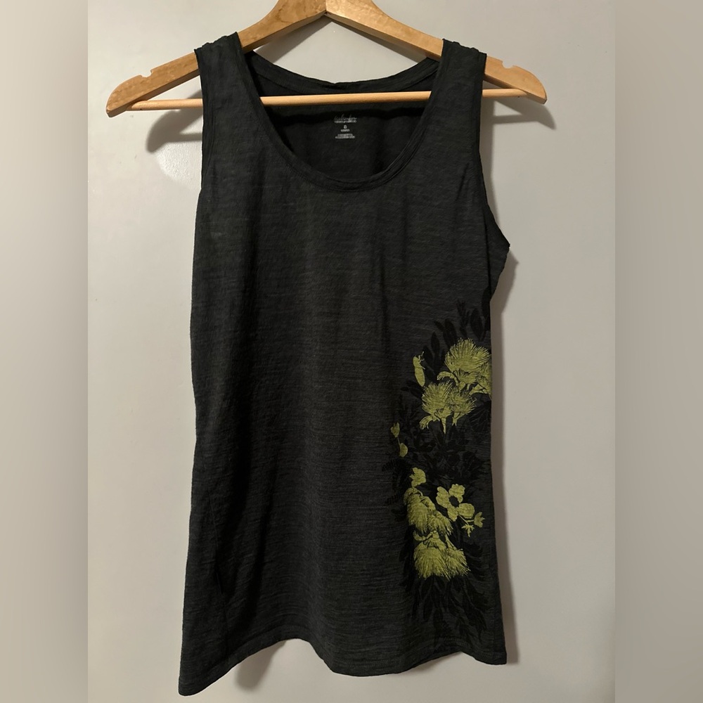 Icebreaker Merino Wool Charcoal Gray Sleeveless Top with Floral Design